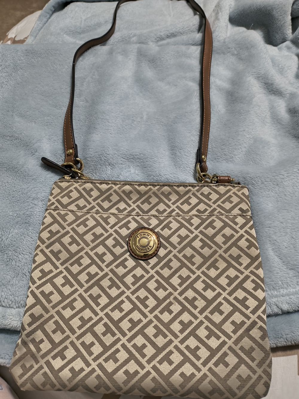 Tommy Hilfiger Beige and Brown Monogram Crossbody Bag